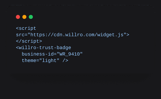Dark terminal window showing HTML script integration snippet